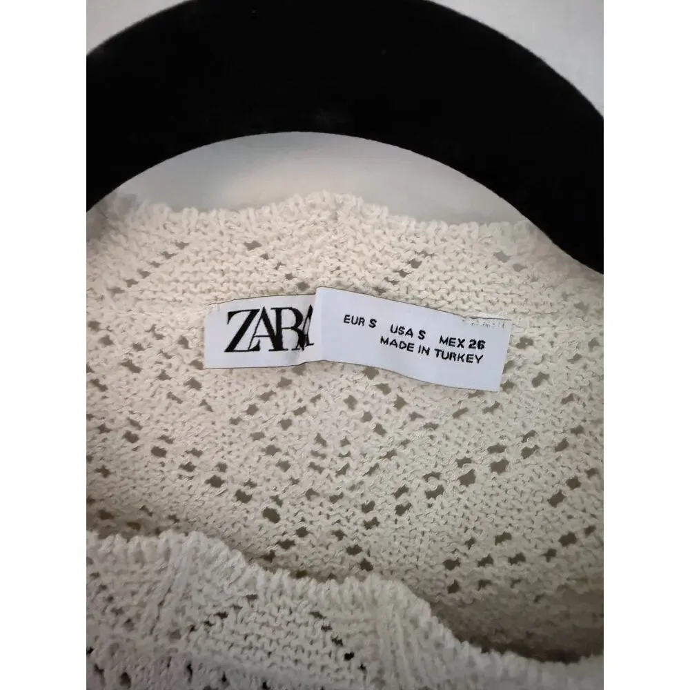 Zara Cream Knit Crochet Lace Scalloped Hem Long Sleeve Top-Size Small